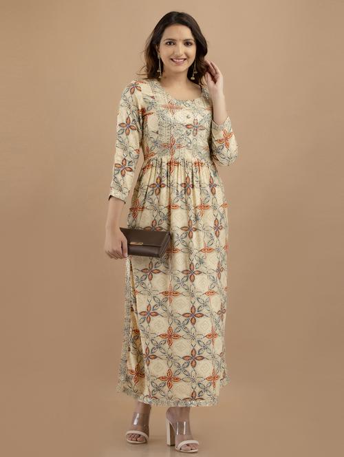 cream rayon side slit kurta - 19471433 - Very Small Image - 1