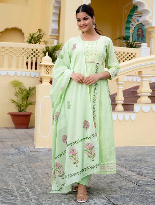 green cotton kurta dupatta set - 19471635 - Very Small Image - 1