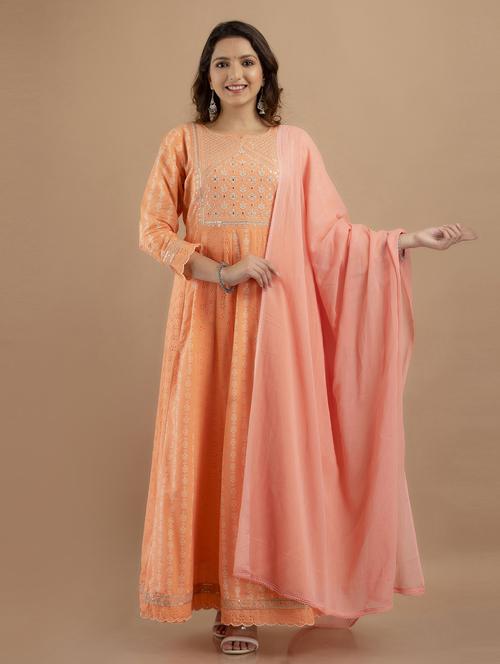 orange cotton kurta dupatta set - 19471648 - Very Small Image - 1