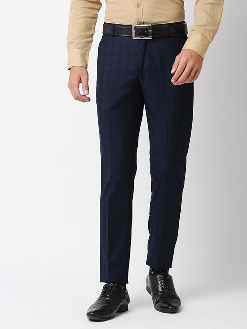navy blue polyester checked flat front formal trouser - 19473008 - Very Small Image - 1