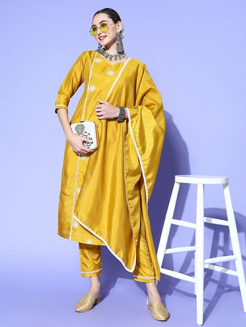 yellow solid kurta, pant & dupatta set - 19473193 - Very Small Image - 1