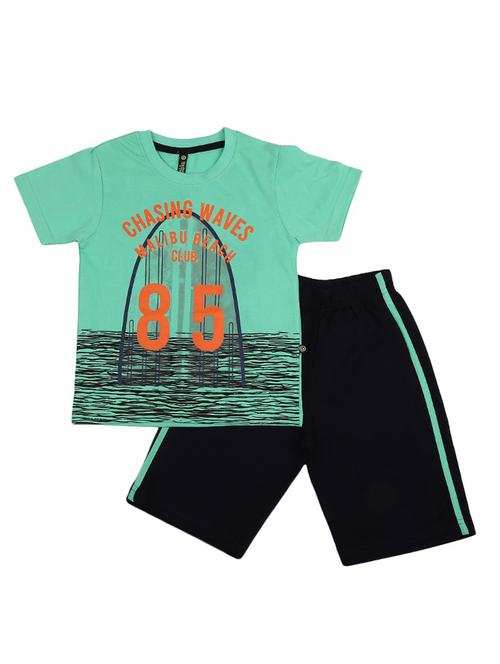 kids green front print detailed t-shirt & shorts set - 19474068 - Very Small Image - 1