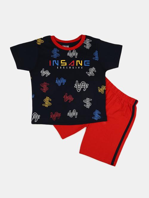 kids navy blue printed detailed t-shirt & shorts set - 19474084 - Very Small Image - 1