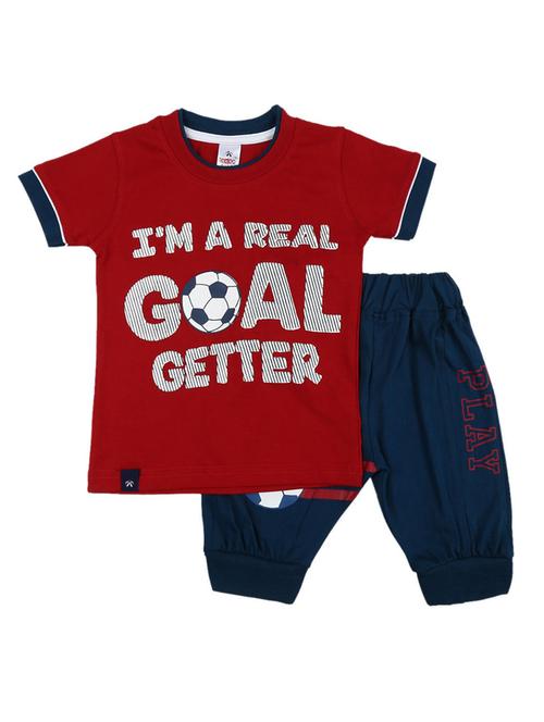 kids maroon printed detailed t-shirt & three fourth shorts set - 19474130 - Very Small Image - 1