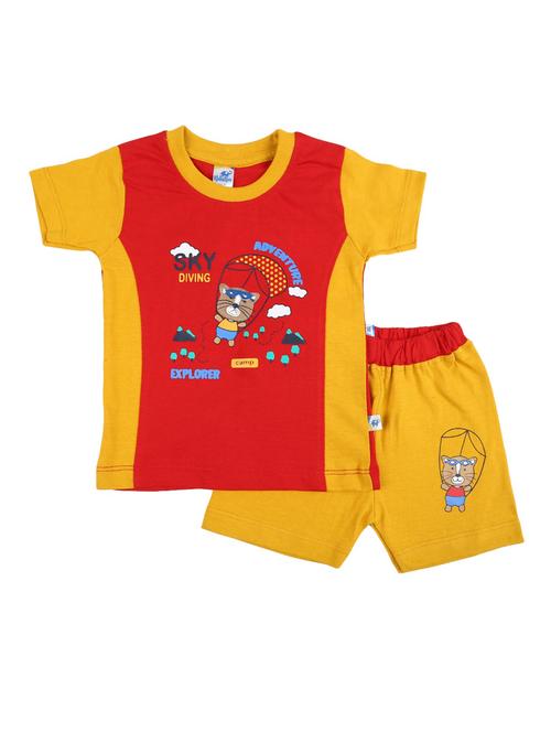 kids red colourblocked printed detailed t-shirt & shorts set - 19474138 - Very Small Image - 1