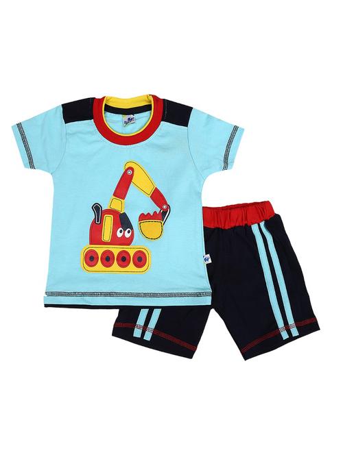 kids light blue printed detailed t-shirt & shorts set - 19474150 - Very Small Image - 1