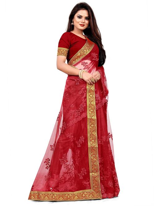 red net embroidered saree with blouse - 19475427 - Very Small Image - 1