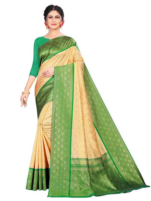 cream contrast bordered banarasi saree with blouse - 19475451 - Very Small Image - 1