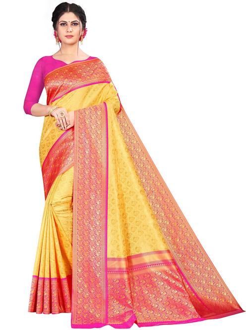 yellow contrast bordered banarasi saree - 19475463 - Very Small Image - 1