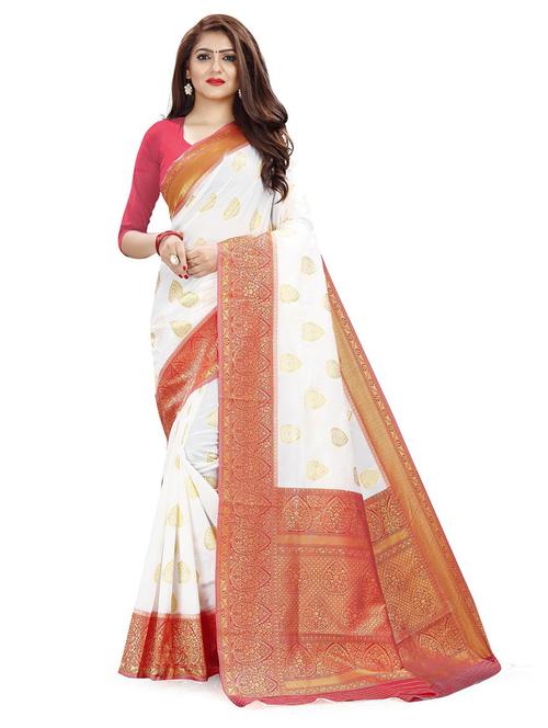 white contrast bordered banarasi saree with blouse - 19475465 - Very Small Image - 1