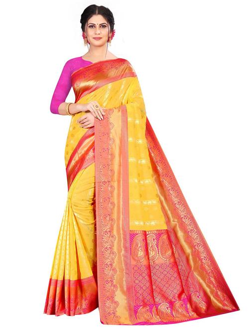 yellow contrast bordered banarasi saree with blouse - 19475488 - Very Small Image - 1