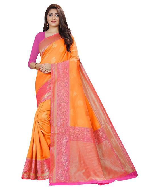 orange contrast bordered banarasi saree with blouse - 19475500 - Very Small Image - 1