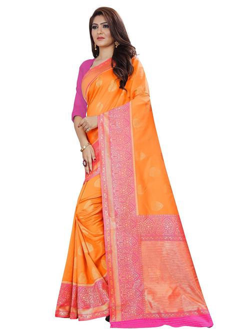 orange contrast bordered kanjivaram saree with blouse - 19475552 - Very Small Image - 1