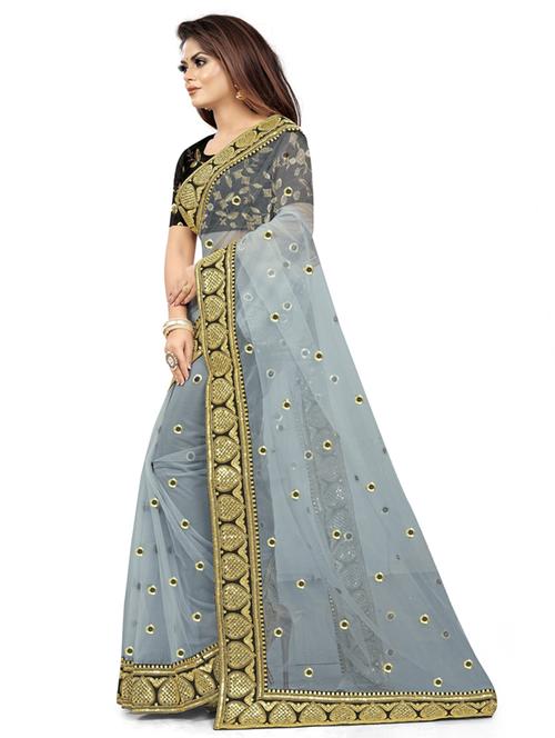 grey contrast bordered saree with blouse - 19475565 - Very Small Image - 1