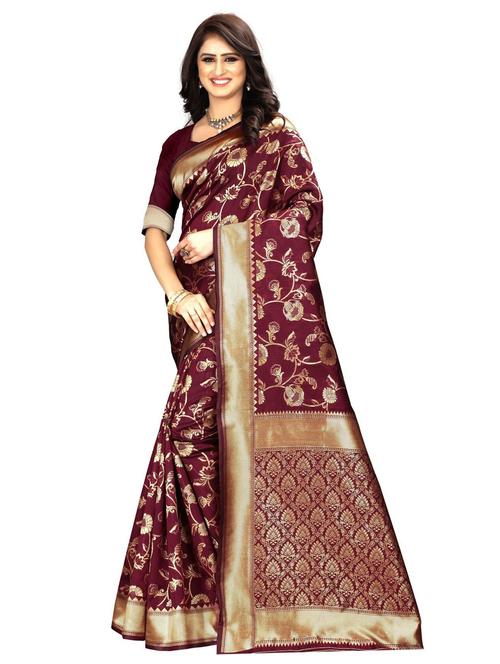 maroon gold border kanjivaram saree - 19475685 - Very Small Image - 1