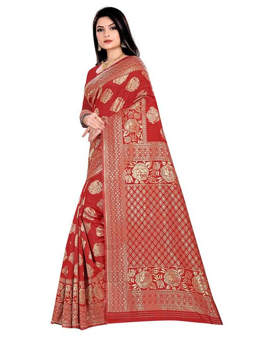 red silk blend banarasi saree with blouse - 19475697 - Very Small Image - 1
