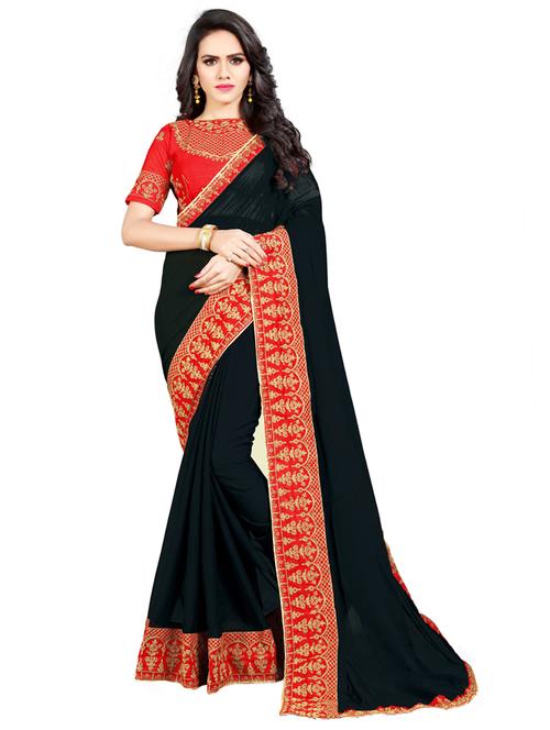 women's bordered black colored saree with blouse - 19475778 - Very Small Image - 1