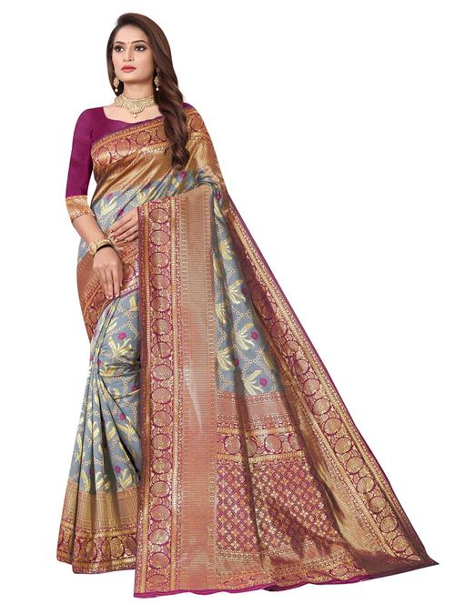 grey silk blend kanjivaram saree with blouse - 19475821 - Very Small Image - 1