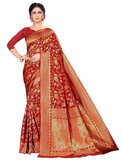 red silk blend banarasi saree - 19475837 - Very Small Image - 1