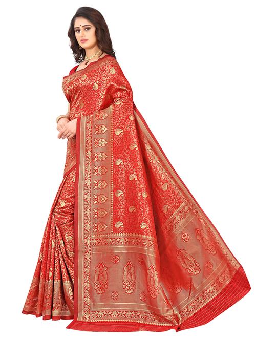 red silk blend banarasi saree with blouse - 19475904 - Very Small Image - 1