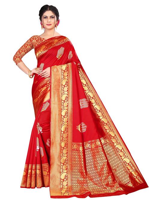 red silk blend banarasi saree with blouse - 19476008 - Very Small Image - 1