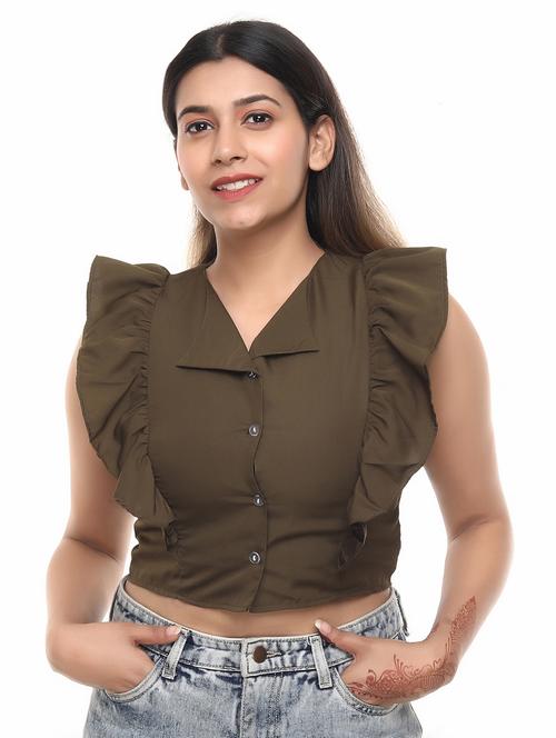 olive sleeveless lapel neck crop shirt - 19476440 - Very Small Image - 1