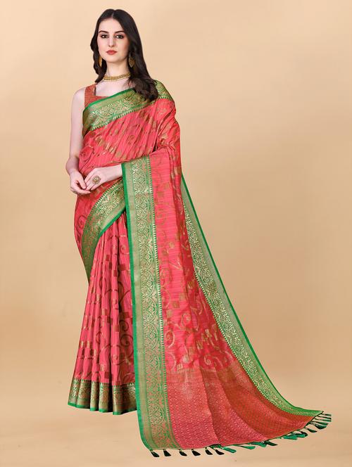 contrast bordered woven saree with blouse - 19480737 - Very Small Image - 1