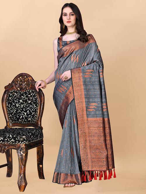 contrast bordered woven saree with blouse - 19480749 - Very Small Image - 1