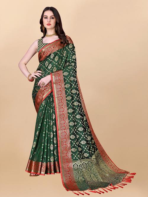 contrast bordered woven saree with blouse - 19480757 - Very Small Image - 1