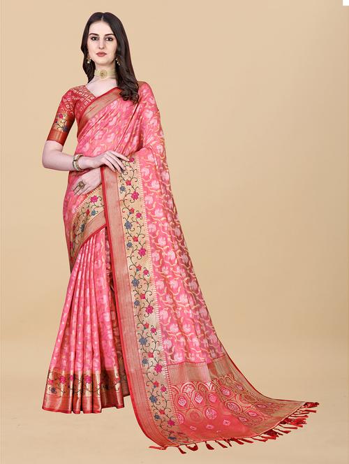 contrast bordered woven saree with blouse - 19480761 - Very Small Image - 1