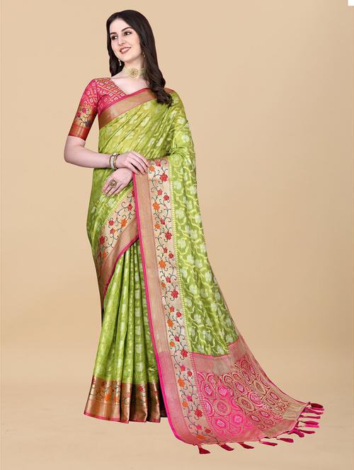contrast bordered woven saree with blouse - 19480763 - Very Small Image - 1