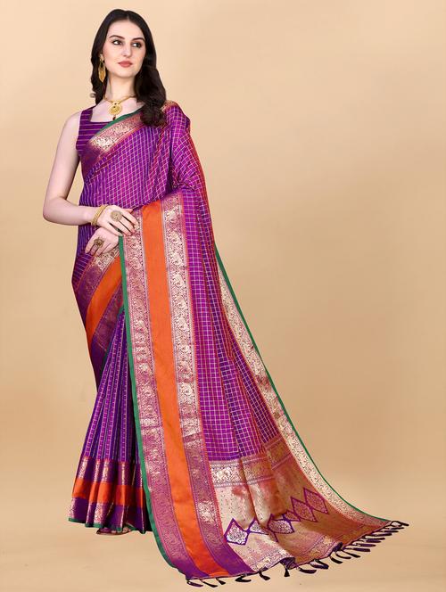 contrast bordered woven saree with blouse - 19480766 - Very Small Image - 1