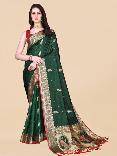 contrast bordered woven saree with blouse - 19480773 - Very Small Image - 1