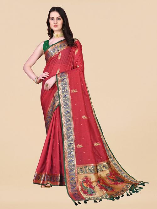 contrast bordered woven saree with blouse - 19480775 - Very Small Image - 1