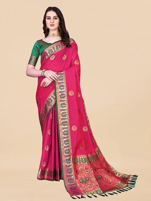 contrast bordered woven saree with blouse - 19480780 - Very Small Image - 1