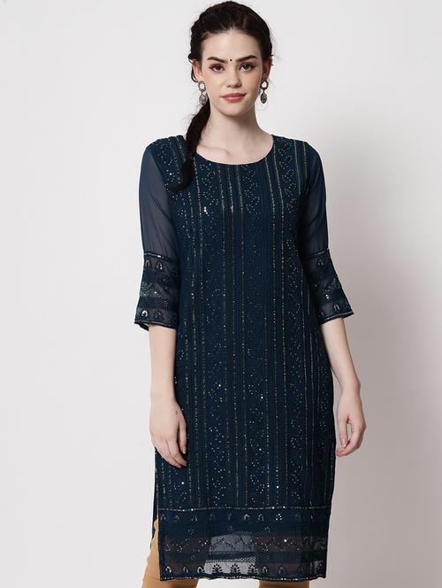 teal embroidered straight kurta - 19481172 - Very Small Image - 1