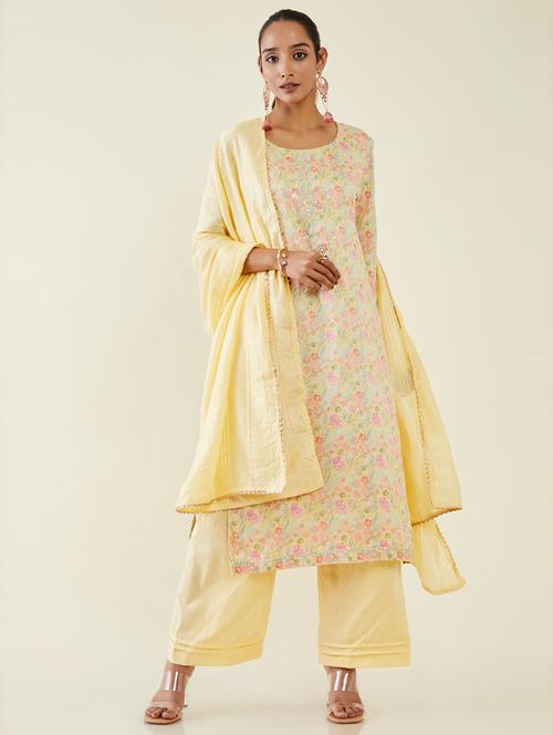 yellow printed a-line unstitched suit - 19485568 - Very Small Image - 1