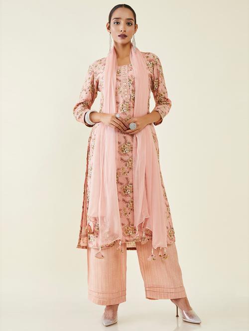 peach printed a-line unstitched suit - 19485572 - Very Small Image - 1