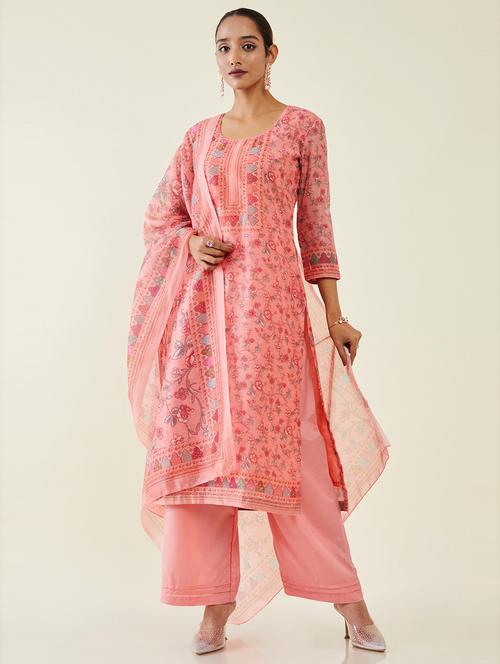 pink printed a-line unstitched suit - 19485577 - Very Small Image - 1