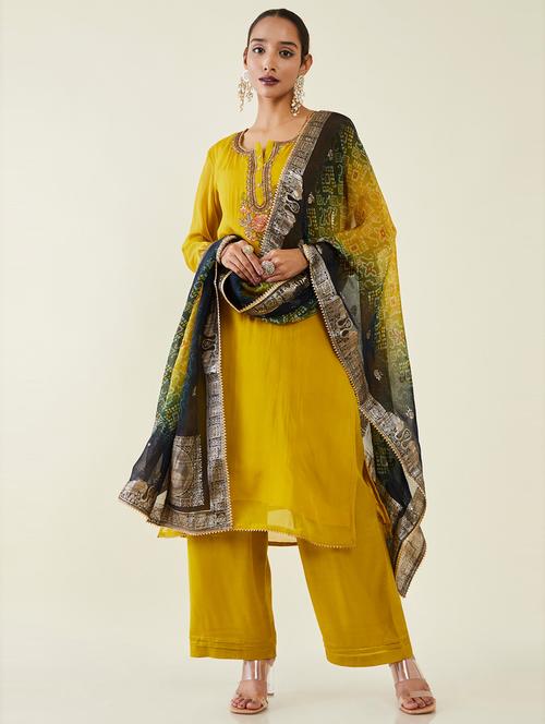 mustard self design a-line unstitched suit - 19485580 - Very Small Image - 1