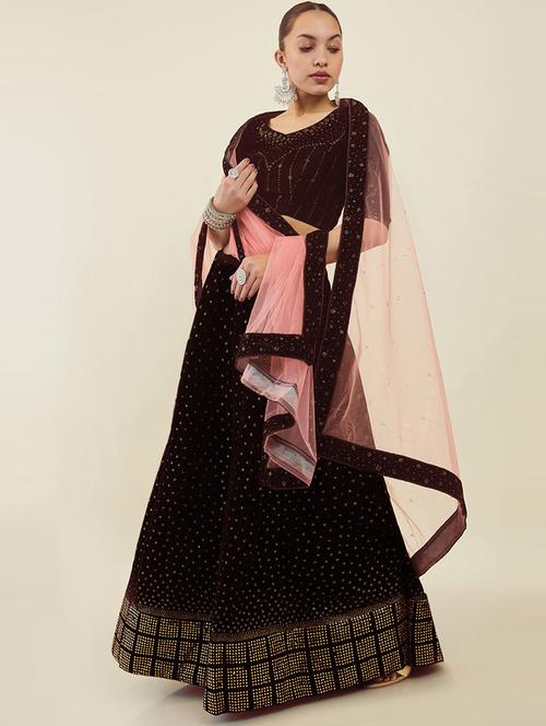 maroon embroidered stitched lehenga choli - 19486049 - Very Small Image - 1