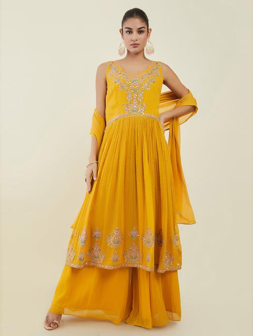 yellow self design suit set - 19486114 - Very Small Image - 1