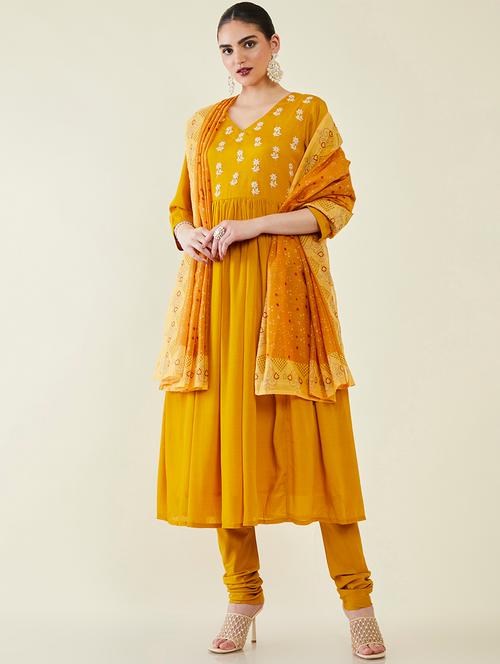 yellow self design suit set - 19486139 - Very Small Image - 1