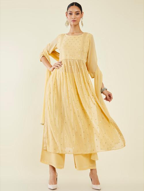 yellow self design suit set - 19486199 - Very Small Image - 1