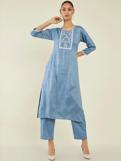 women puriist blue round neck kurta pant set - 19486241 - Very Small Image - 1