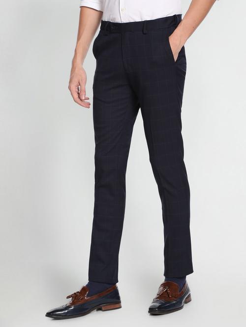 navy blue polyester checked chinos - 19486808 - Very Small Image - 1