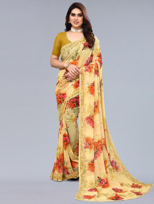 yellow georgette printed saree - 19487602 - Very Small Image - 1