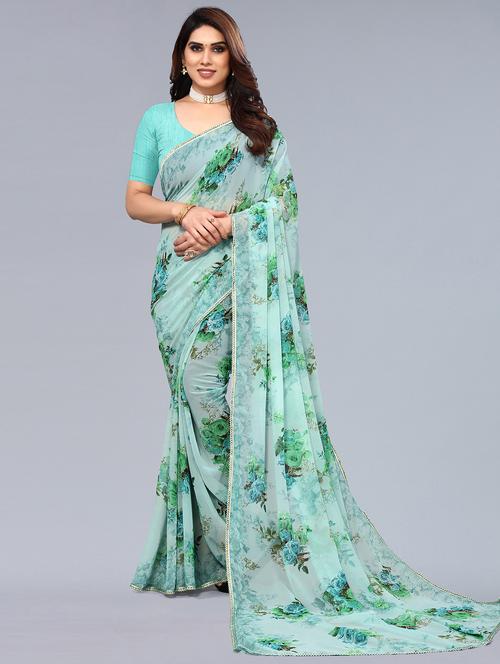 green georgette printed saree - 19487608 - Very Small Image - 1