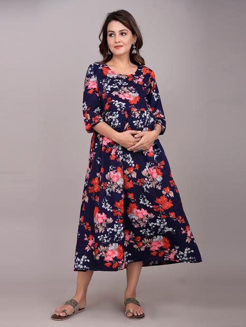 navy blue printed crepe maternity wear - 19490478 - Very Small Image - 1