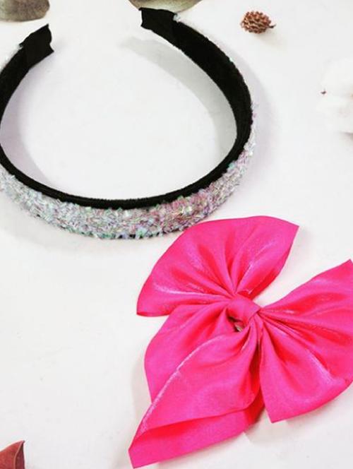 sparkly crystal studded white and pink hair band with satin hair clip by the little girl store - 19491006 - Very Small Image - 1